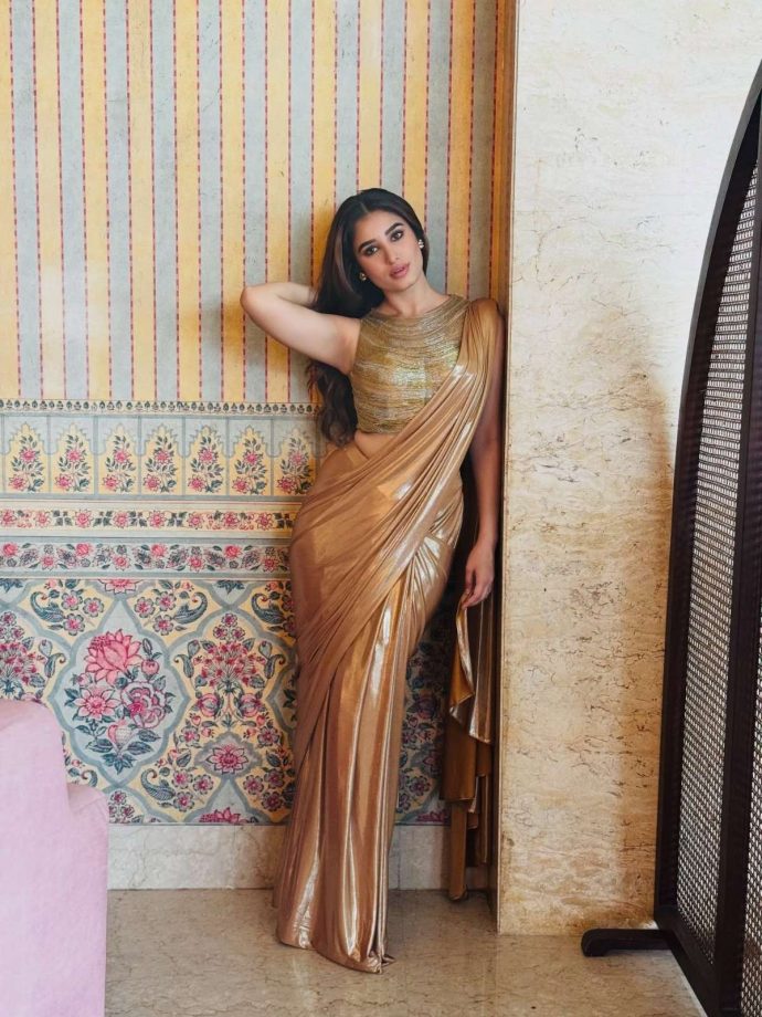 Rasha Thadani Stuns Metallic Gold Saree Glamour 1
