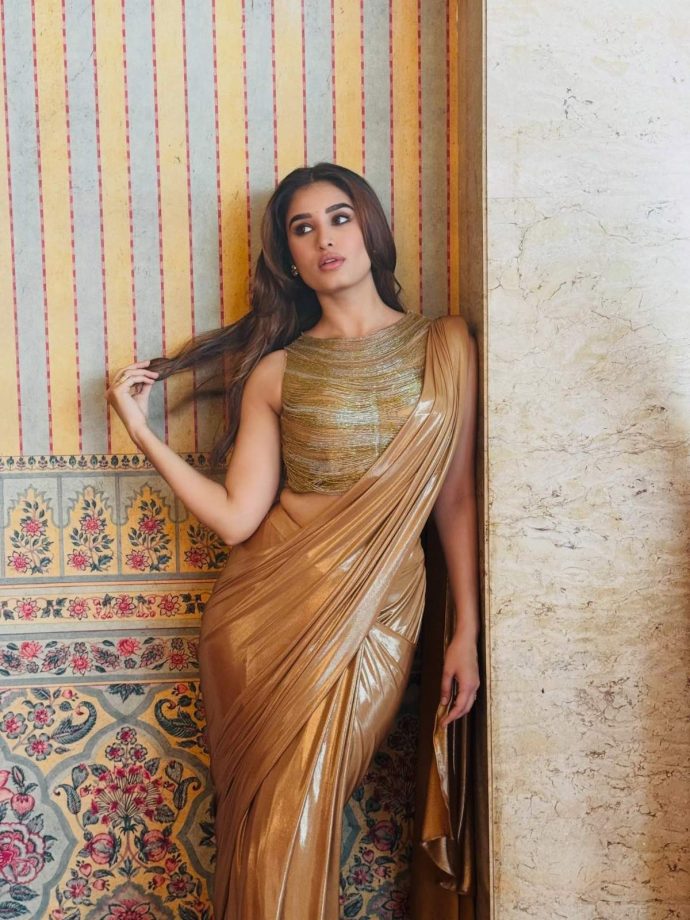 Rasha Thadani Stuns Metallic Gold Saree Glamour 1