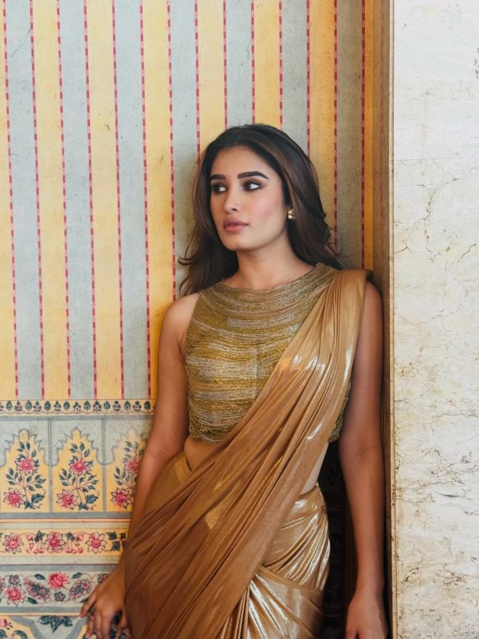 Rasha Thadani Stuns Metallic Gold Saree Glamour 1
