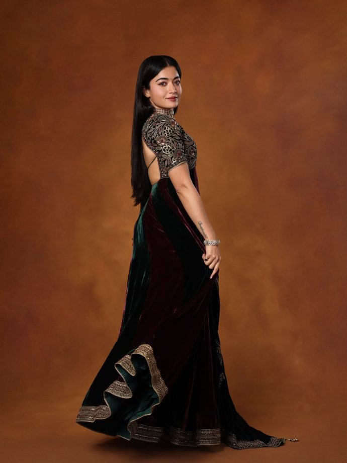 Rashmika Mandanna Exudes Old-World Royalty in Wine and Bottle Green Avya Anarkali 1