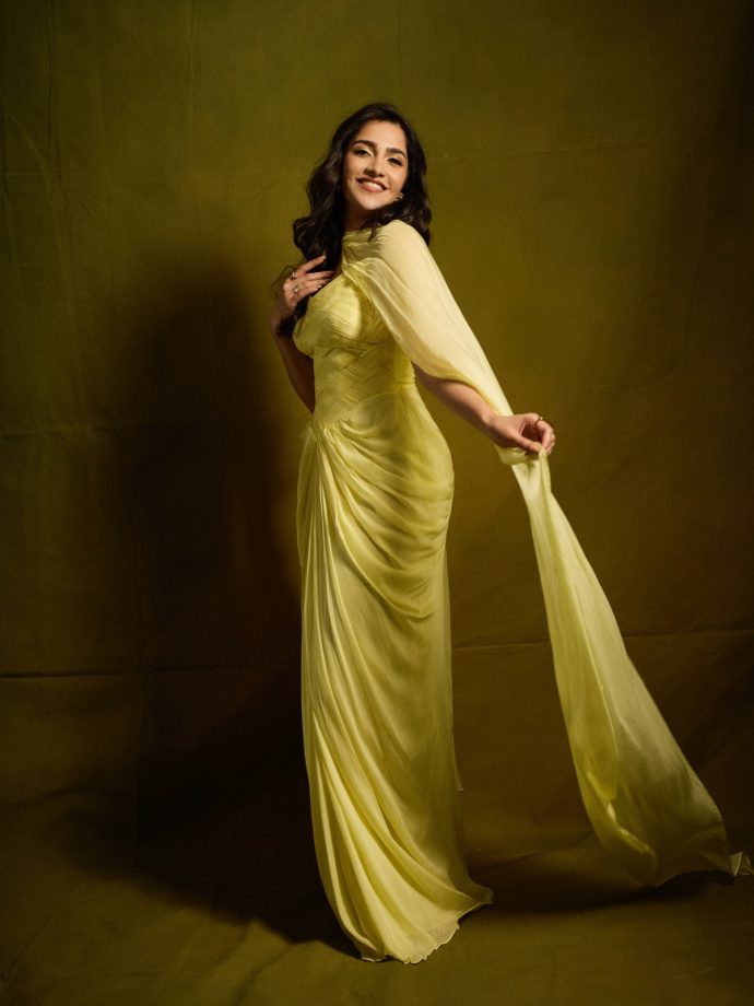 Rukmini Vasanth Exudes Regal Glamour In A Yellow Gown Draped, Flowing Silhouette 1