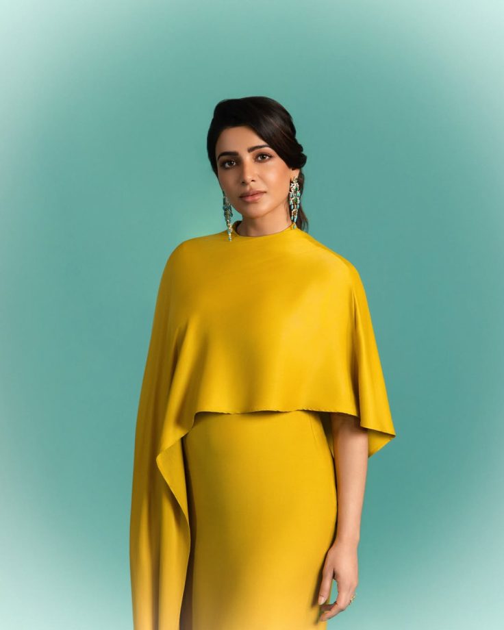 Samantha Ruth Prabhu Redefines Pregnancy Style, Yellow Cocoon Cape Dress 1