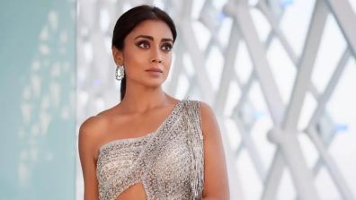 Shriya Saran White Crystal Gown, High Slit, Front Cutout