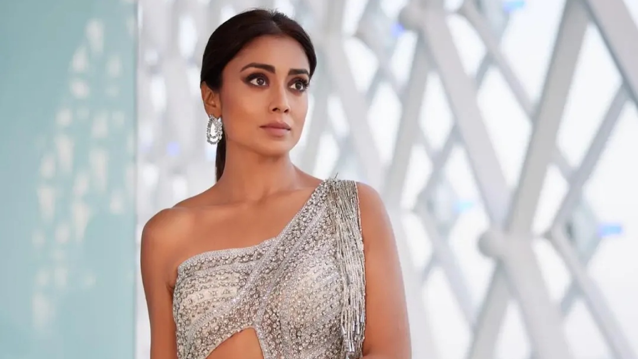 Shriya Saran White Crystal Gown, High Slit, Front Cutout 1