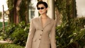 Tara Sutaria Taupe Blazer Mini Dress Look: Tweed Layers, Miu Miu Sunglasses, Jimmy Choo Pumps