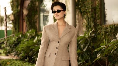 Tara Sutaria Taupe Blazer Mini Dress Look: Tweed Layers, Miu Miu Sunglasses, Jimmy Choo Pumps