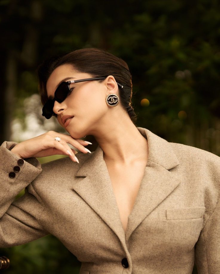 Tara Sutaria Taupe Blazer Mini Dress Look: Tweed Layers, Miu Miu Sunglasses, Jimmy Choo Pumps 1