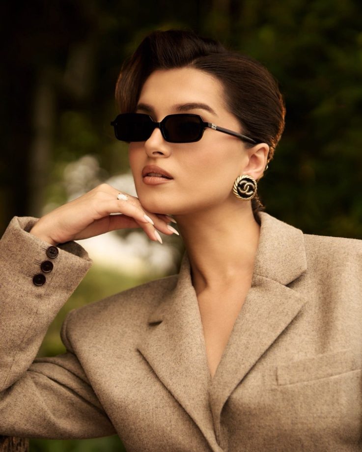 Tara Sutaria Taupe Blazer Mini Dress Look: Tweed Layers, Miu Miu Sunglasses, Jimmy Choo Pumps 1