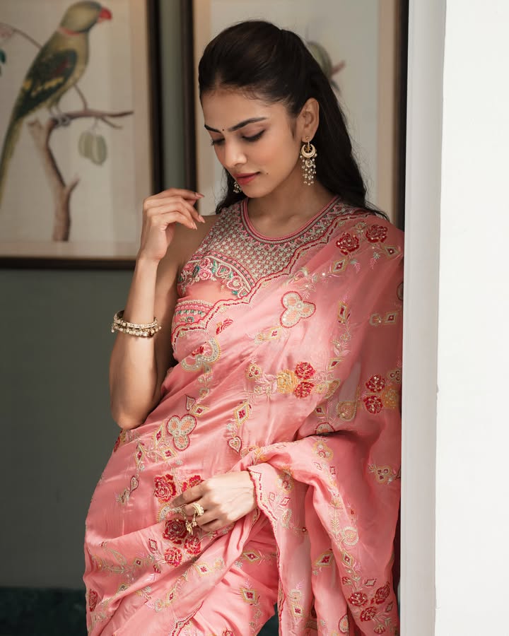 Malavika Mohanan’s Dreamy Peach Floral Saree & Halter-Neck Blouse 1