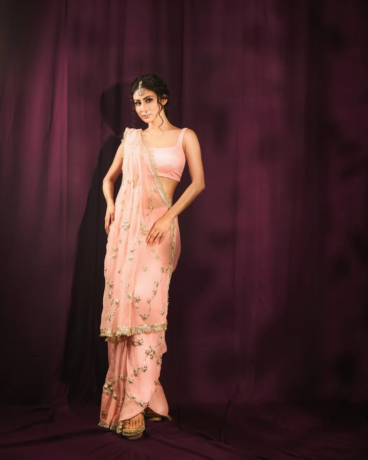 Mouni Roy’s Blush Pink Saree Gets A Diamond Nath Twist 1
