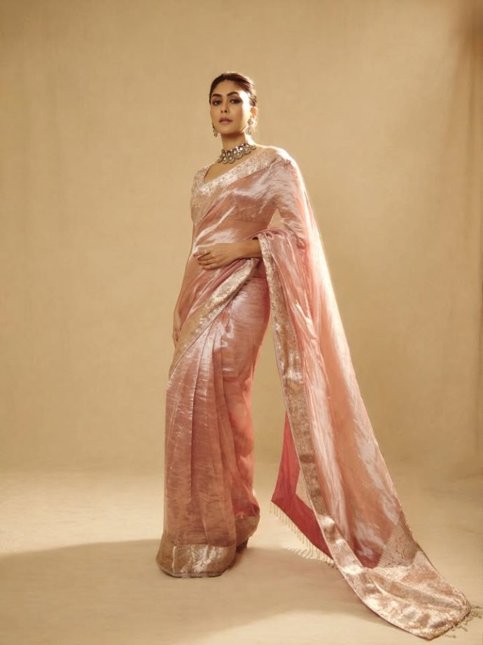 Mrunal Thakur Channels Royal Festive Glam in Mauve Tissue Saree: Ornate Choker & Drop Earrings 1