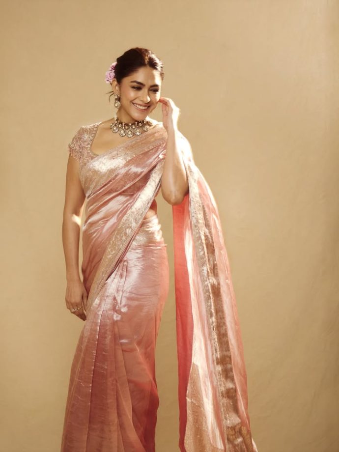 Mrunal Thakur Channels Royal Festive Glam in Mauve Tissue Saree: Ornate Choker & Drop Earrings 1