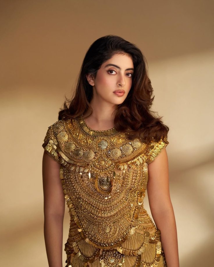 Navya Nanda Shimmers In Golden Abu Jani Sandeep Khosla Mini Dress 1