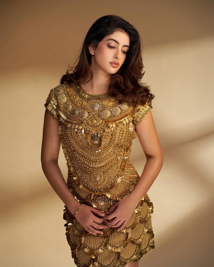 Navya Nanda Shimmers In Golden Abu Jani Sandeep Khosla Mini Dress 1