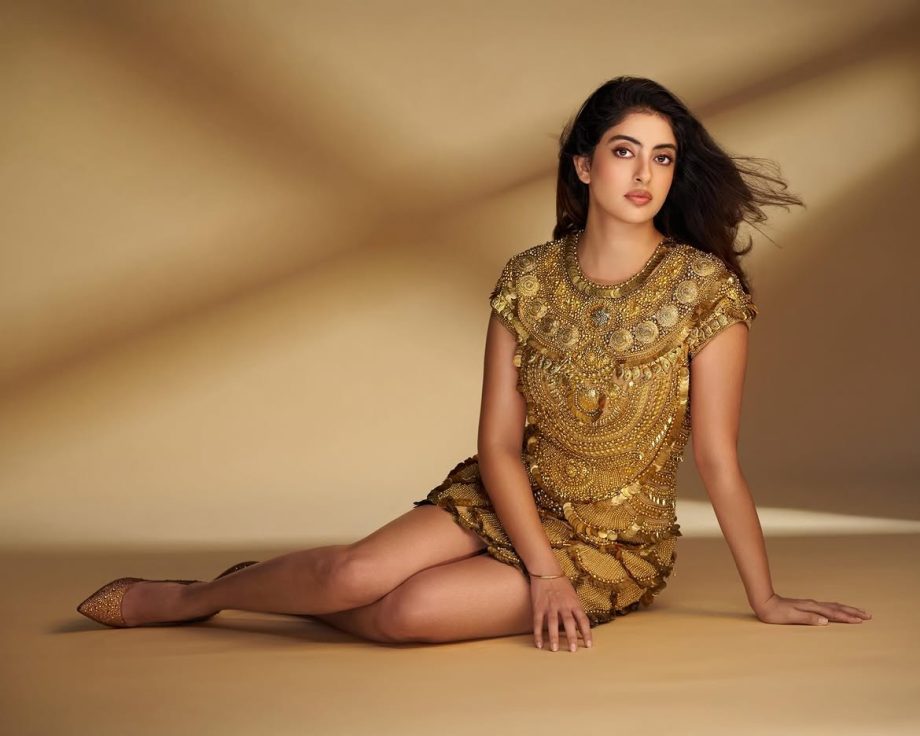 Navya Nanda Shimmers In Golden Abu Jani Sandeep Khosla Mini Dress 1