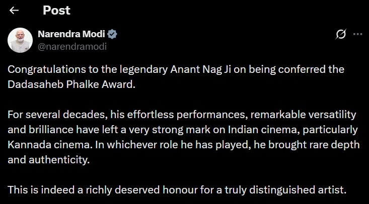 PM Congratulates Anant Nag Ji On Being Conferred Dadasaheb Phalke Award, Sends Best Wishes 1
