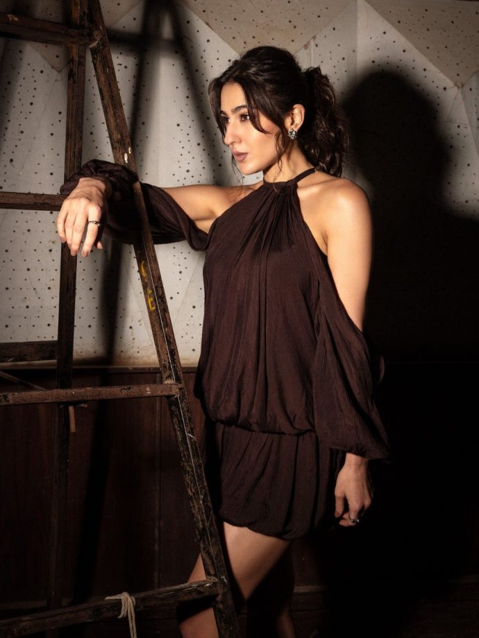 Sara Ali Khan Looks Chic in Brown Cold-Shoulder Mini Dress 1