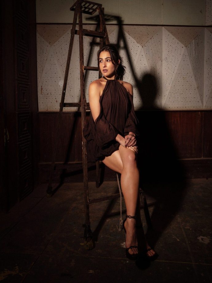 Sara Ali Khan Looks Chic in Brown Cold-Shoulder Mini Dress 1