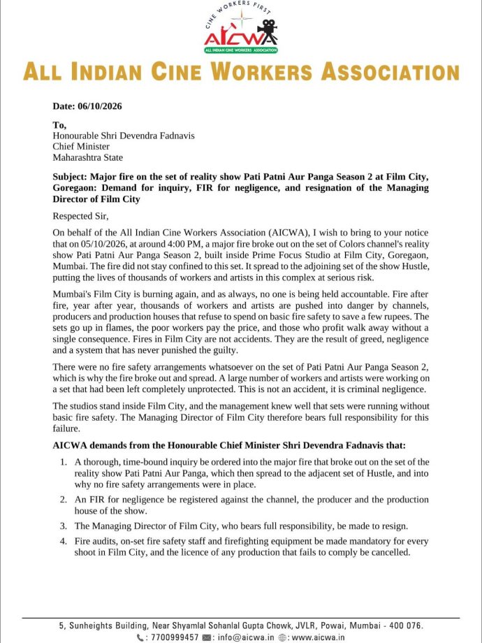 AICWA Demands Managing Director Of Film City's Resignation Following Fire At Pati Patni Aur Panga Set 1