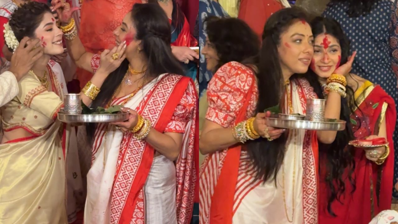 Anupamaa Stars Rupali Ganguly And Adrija Roy Join Tanishaa Mukerji For Sindoor Khela Ritual: Watch 1