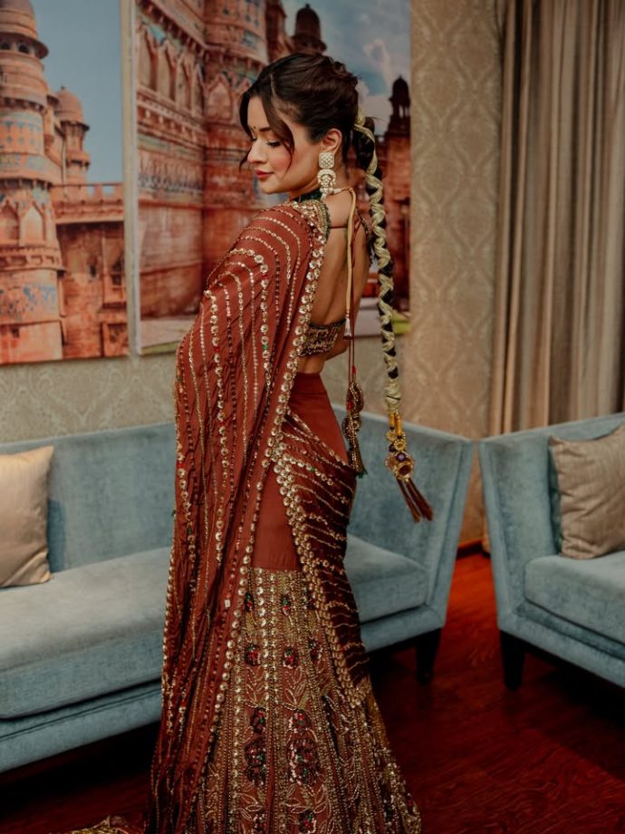 Avneet Kaur Maroon Lehenga Saree Look: Zardozi Embroidery, Green Choker & Braided Hair Steal The Show 1