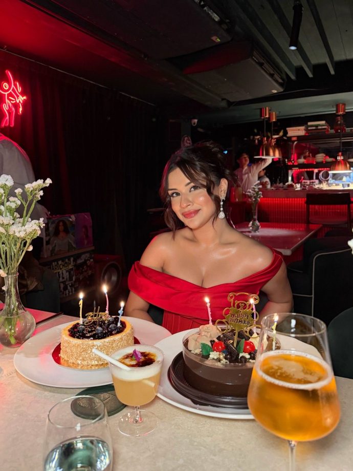 Avneet Kaur Turns 25 In A Stunning Red Off-Shoulder Dress, Cuts Birthday Cake; Raghav Sharma Shares Special Birthday Wish 1