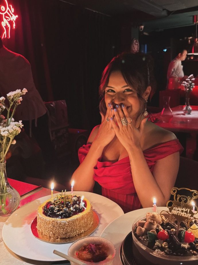 Avneet Kaur Turns 25 In A Stunning Red Off-Shoulder Dress, Cuts Birthday Cake; Raghav Sharma Shares Special Birthday Wish 1