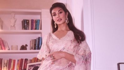 Jacqueline Fernandez Stuns In A Pink Floral Saree With Elegant Lace Detailing