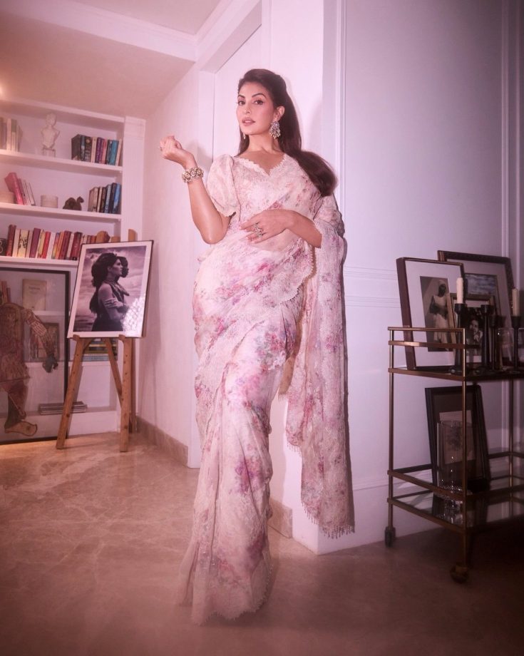 Jacqueline Fernandez Stuns In A Pink Floral Saree With Elegant Lace Detailing 1