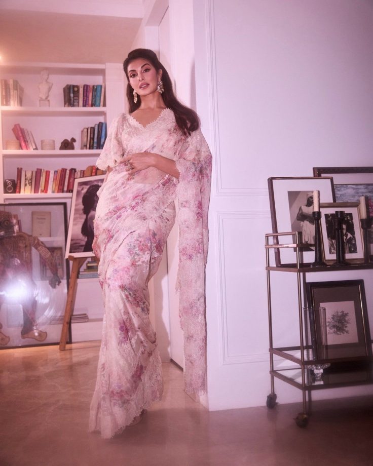 Jacqueline Fernandez Stuns In A Pink Floral Saree With Elegant Lace Detailing 1