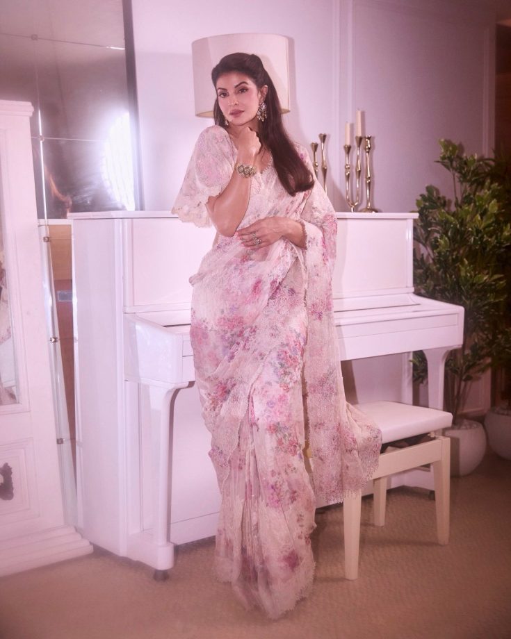Jacqueline Fernandez Stuns In A Pink Floral Saree With Elegant Lace Detailing 1