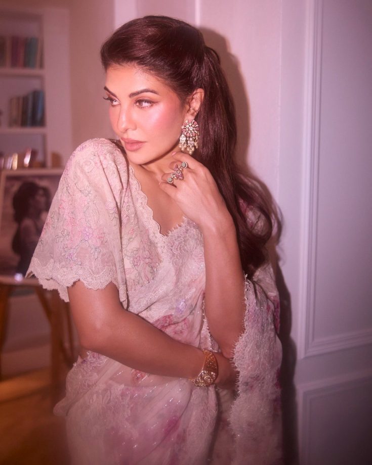 Jacqueline Fernandez Stuns In A Pink Floral Saree With Elegant Lace Detailing 1