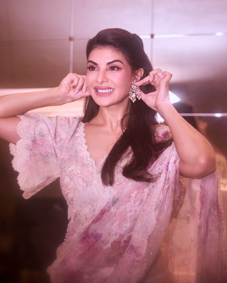 Jacqueline Fernandez Stuns In A Pink Floral Saree With Elegant Lace Detailing 1