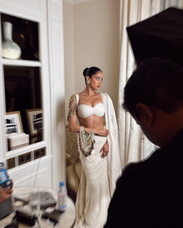 Janhvi Kapoor Brings Modern Glamour to Paris in a Stunning White Saree Look 1