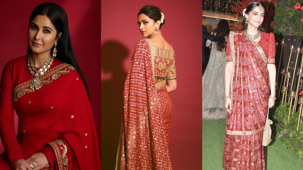 Navratri Day 3 Red Saree Fashion: Katrina Kaif, Deepika Padukone & Sonam Kapoor Bring Royal Ethnic Glamour 1