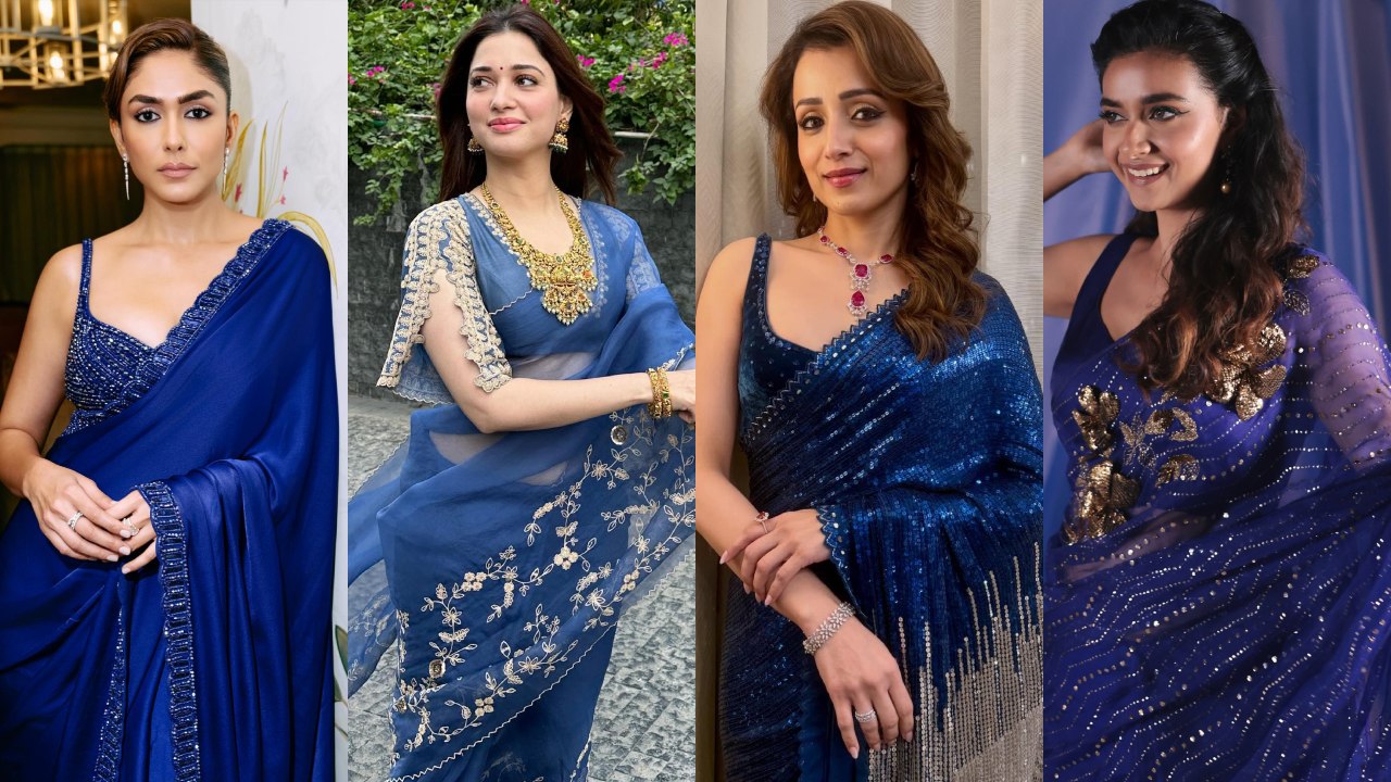 Navratri Day 4 Royal Blue Saree Looks: Mrunal Thakur, Tamannaah Bhatia, Samantha Ruth Prabhu And Trisha Krishnan Set Festive Fashion Goals 1
