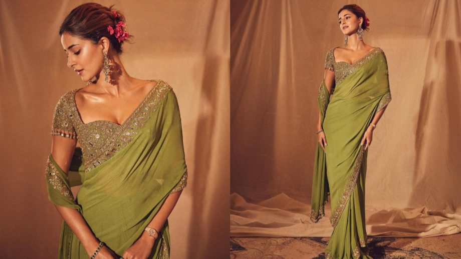 Navratri Day 6 (October 16) Green Saree Looks: Madhuri Dixit, Mrunal Thakur, Janhvi Kapoor & Ananya Panday Serve Festive Fashion Goals 1