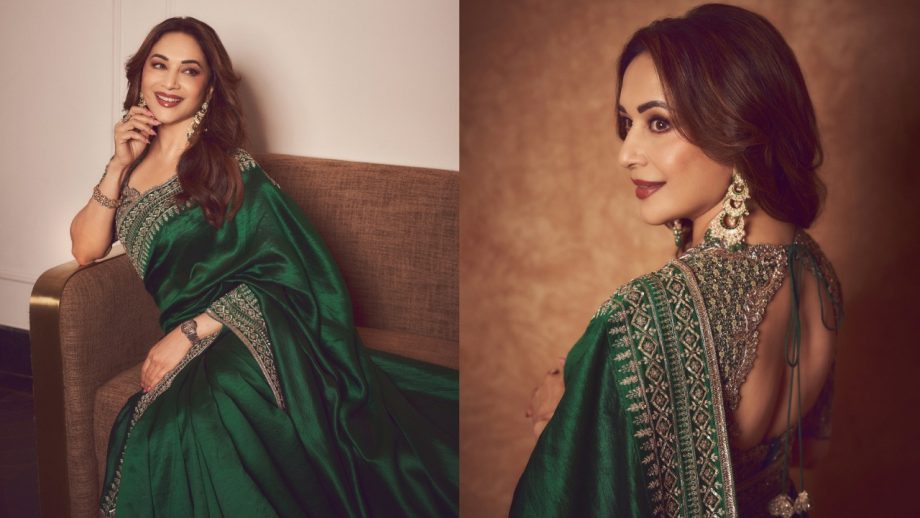 Navratri Day 6 (October 16) Green Saree Looks: Madhuri Dixit, Mrunal Thakur, Janhvi Kapoor & Ananya Panday Serve Festive Fashion Goals 1