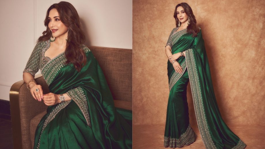 Navratri Day 6 (October 16) Green Saree Looks: Madhuri Dixit, Mrunal Thakur, Janhvi Kapoor & Ananya Panday Serve Festive Fashion Goals 1