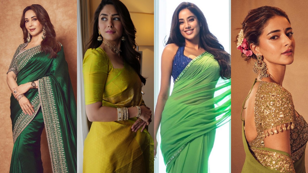 Navratri Day 6 (October 16) Green Saree Looks: Madhuri Dixit, Mrunal Thakur, Janhvi Kapoor & Ananya Panday Serve Festive Fashion Goals 1