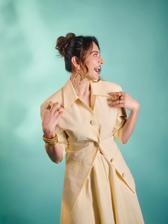 Rakul Preet Singh Exudes Boss-Lady Glamour In A Cream Power Suit With A Frilled Skirt 1