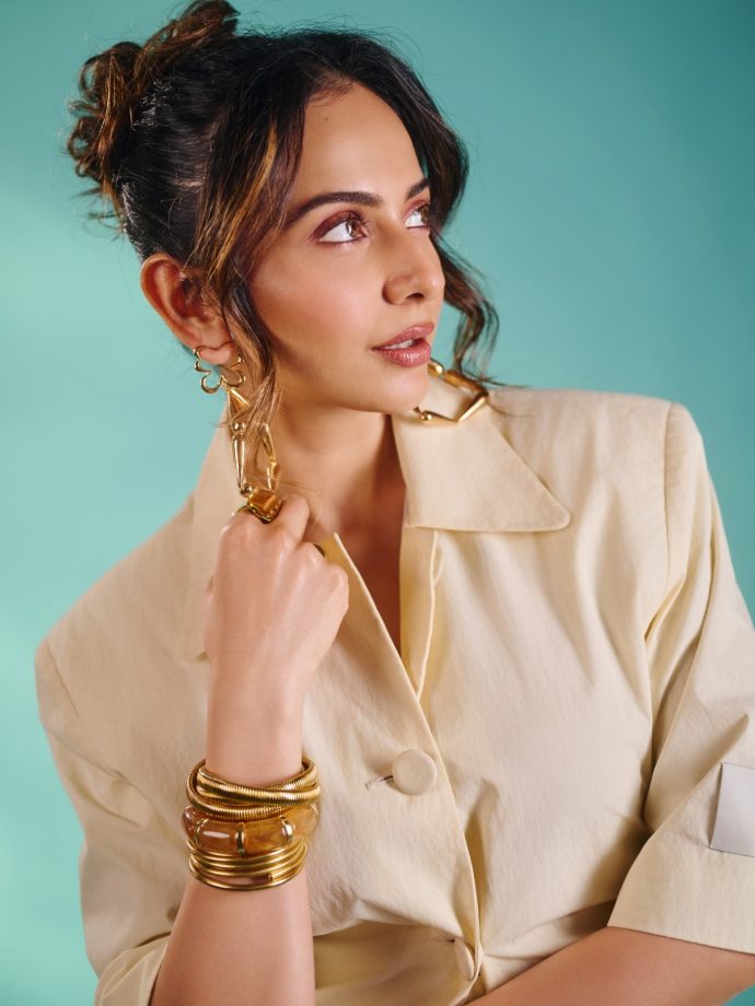 Rakul Preet Singh Exudes Boss-Lady Glamour In A Cream Power Suit With A Frilled Skirt 1