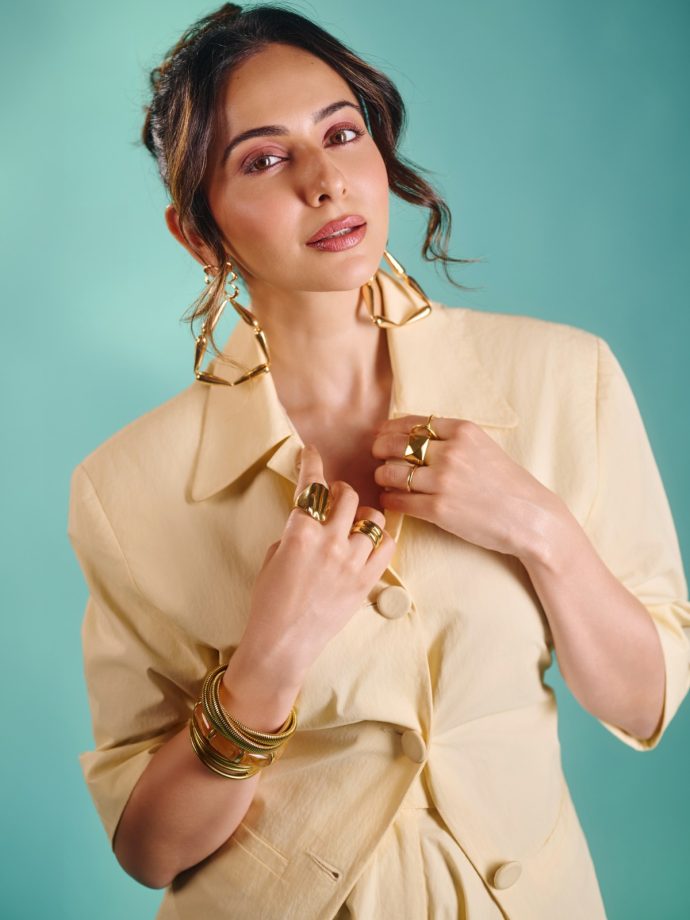Rakul Preet Singh Exudes Boss-Lady Glamour In A Cream Power Suit With A Frilled Skirt 1