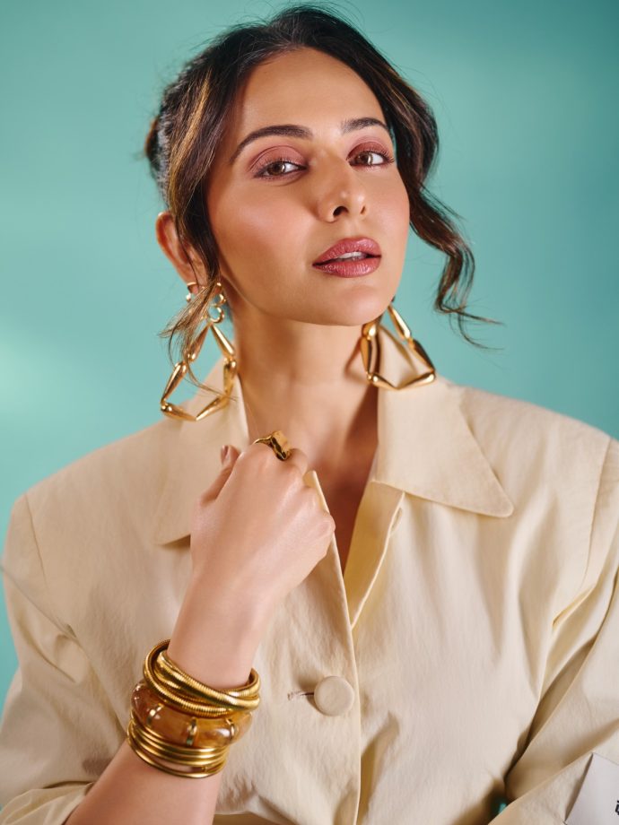 Rakul Preet Singh Exudes Boss-Lady Glamour In A Cream Power Suit With A Frilled Skirt 1