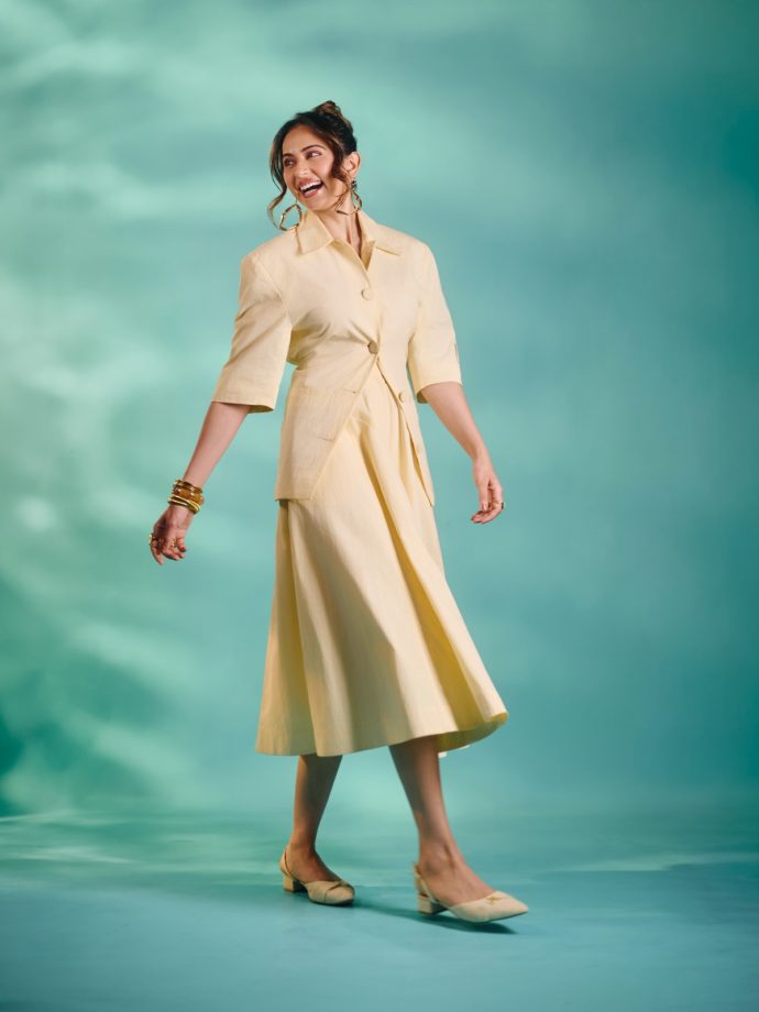 Rakul Preet Singh Exudes Boss-Lady Glamour In A Cream Power Suit With A Frilled Skirt 1