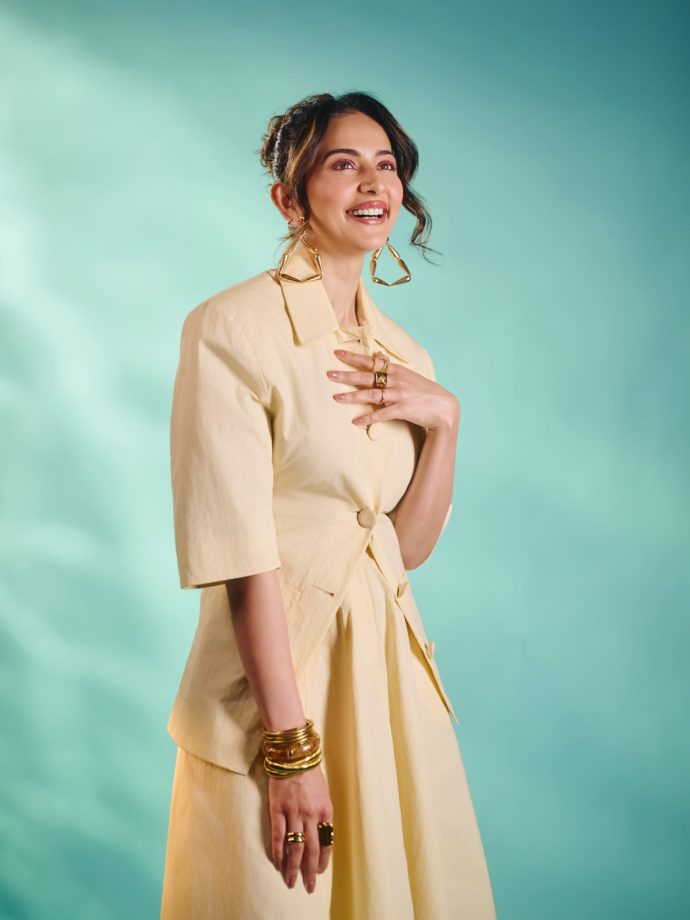 Rakul Preet Singh Exudes Boss-Lady Glamour In A Cream Power Suit With A Frilled Skirt 1