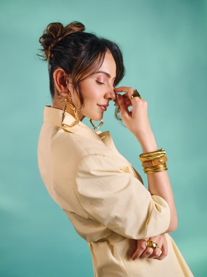 Rakul Preet Singh Exudes Boss-Lady Glamour In A Cream Power Suit With A Frilled Skirt 1