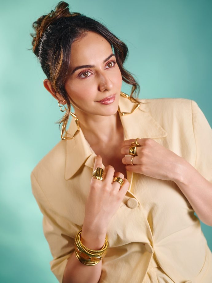 Rakul Preet Singh Exudes Boss-Lady Glamour In A Cream Power Suit With A Frilled Skirt 1
