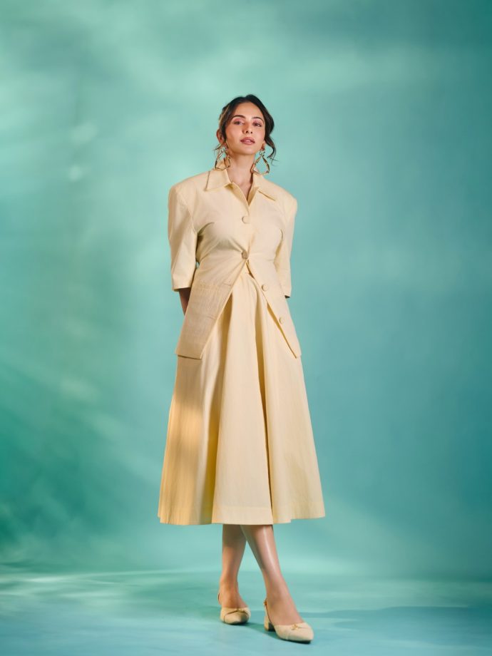 Rakul Preet Singh Exudes Boss-Lady Glamour In A Cream Power Suit With A Frilled Skirt 1