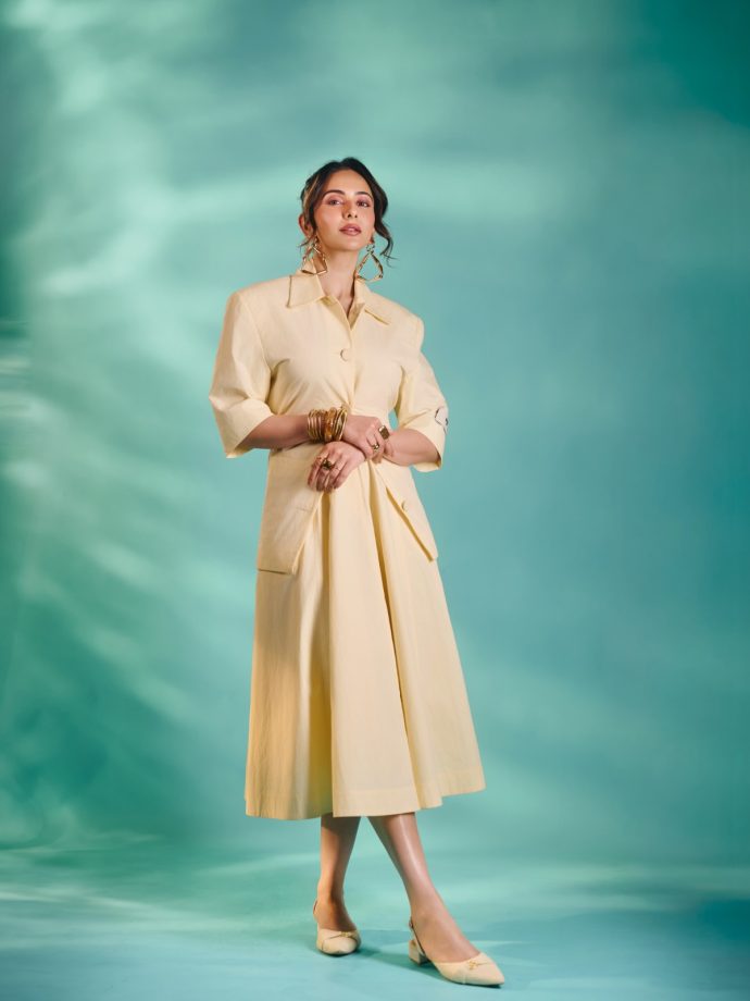 Rakul Preet Singh Exudes Boss-Lady Glamour In A Cream Power Suit With A Frilled Skirt 1